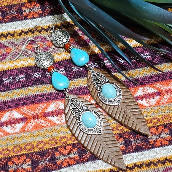 Artisan Earrings Southwestern Faux Leather Silver & Turquoise Feathers - Picture 9 of 9